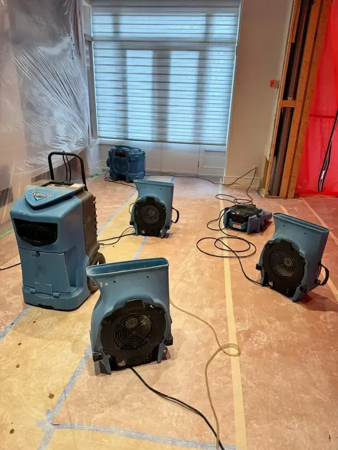 Dehumidifiers and air movers drying a Menifee room on protected flooring