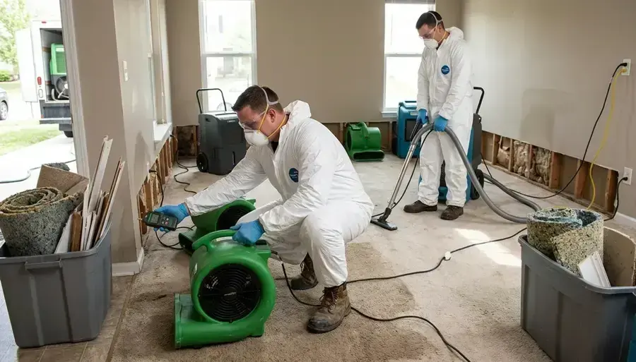 Technicians in protective suits and respirators setting air movers in a gutted room